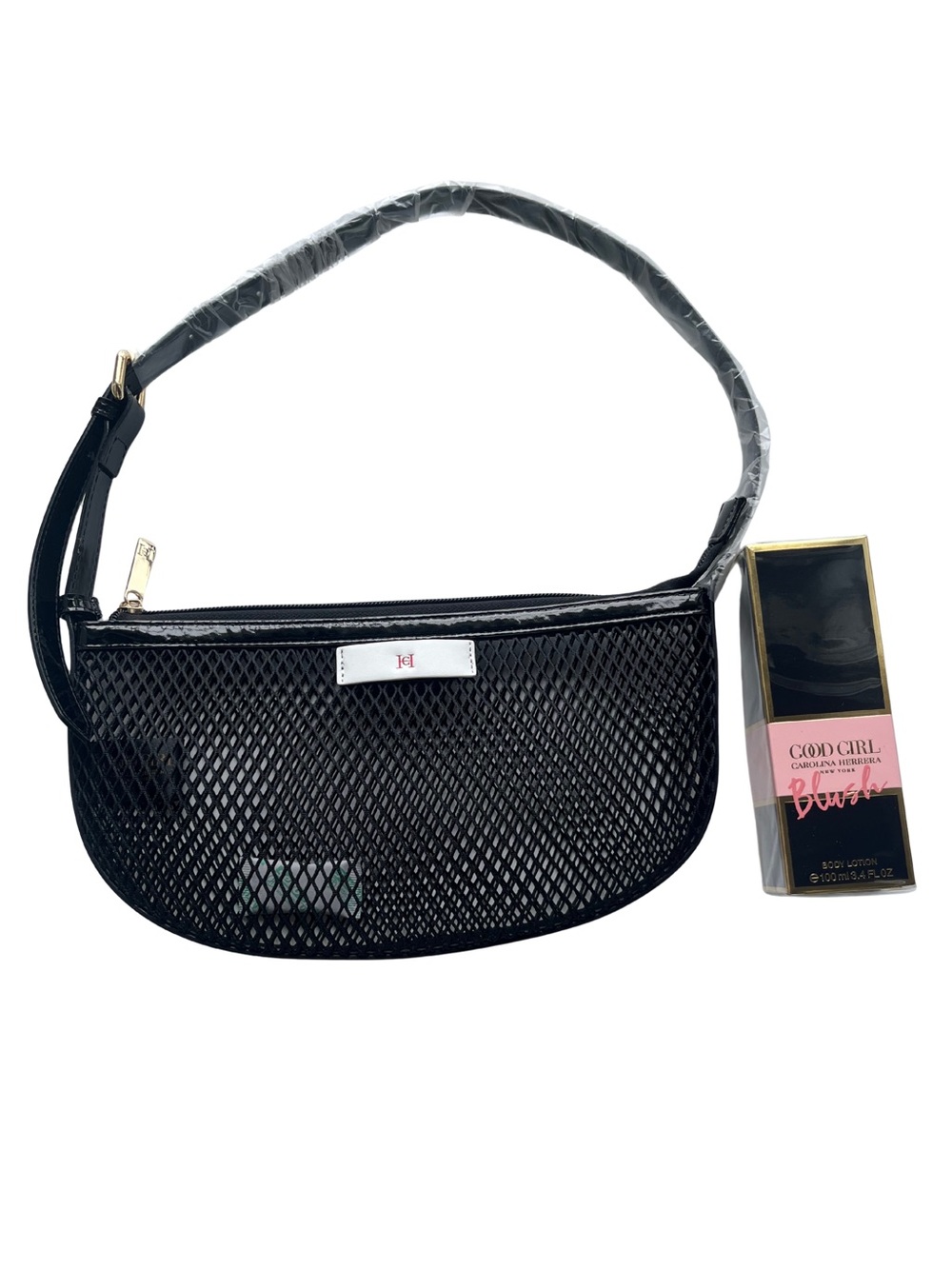 Carolina Herrera Black Mesh Cosmetic Bag + Good Girl Blush Body Lotion Set